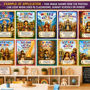 May include: A collection of ten colorful educational posters featuring illustrated biblical stories including God's Promise to Abraham, Joseph, Moses, The Ten Commandments, David, Ruth and Naomi, Elijah, Daniel, Esther, and Elijah's ascension to heaven.
