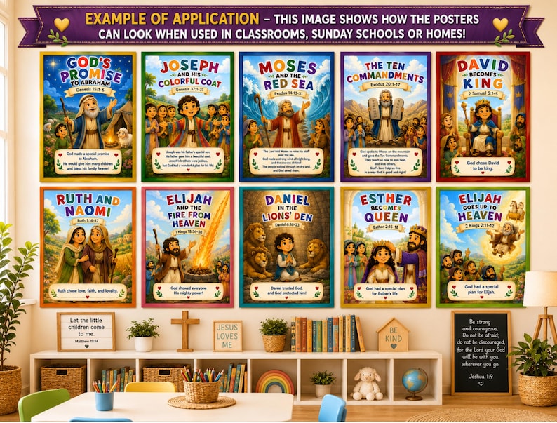May include: A collection of ten colorful educational posters featuring illustrated biblical stories including God's Promise to Abraham, Joseph, Moses, The Ten Commandments, David, Ruth and Naomi, Elijah, Daniel, Esther, and Elijah's ascension to heaven.