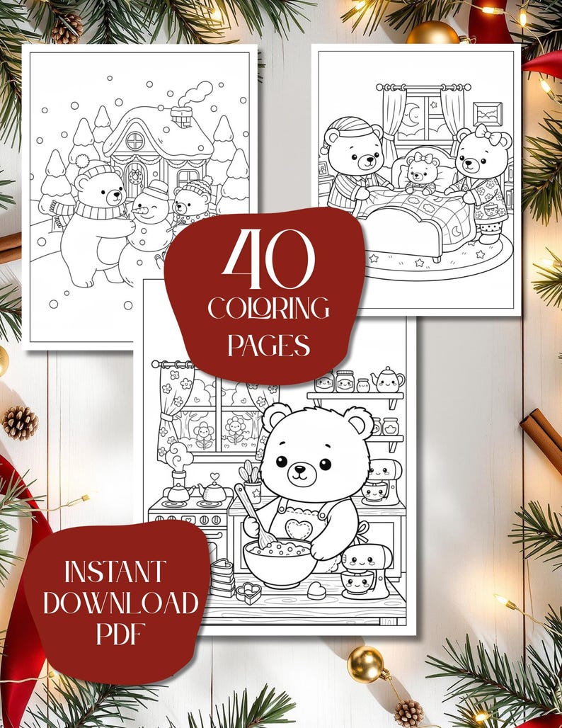 christmas bear coloring pages, cute winter printable, holiday coloring book, cozy christmas activity, festive kids art pages, digital coloring pdf, winter bear coloring