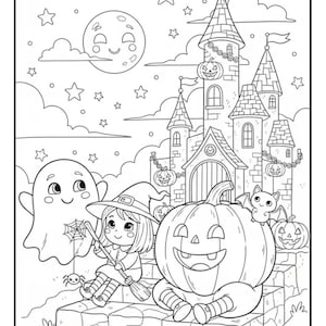 May include: Black and white Halloween-themed coloring page featuring a smiling witch with a broom, a ghost, a carved pumpkin, a bat, and a castle under a starry sky and a smiling moon. The image is a line drawing.
