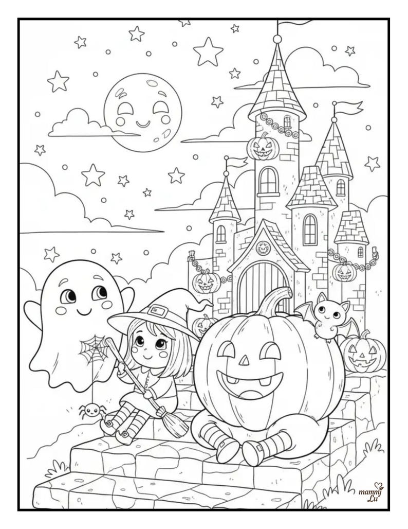 May include: Black and white Halloween-themed coloring page featuring a smiling witch with a broom, a ghost, a carved pumpkin, a bat, and a castle under a starry sky and a smiling moon. The image is a line drawing.