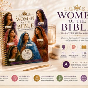 Può includere: Un quaderno di esercizi a spirale intitolato Women of the Bible Character Study Guide con illustrazioni di cinque figure con velo. La copertina include il testo 50 Inspiring Women e Faith Courage Love Purpose. Il layout mostra icone per profili, pagine di riflessione e crescita spirituale.