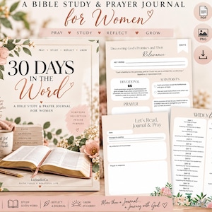Könnte beinhalten: Ein 30 Days in the Word Bibelstudien- und Gebetstagebuch mit floralem Einband, einem Buch, einer Tasse und einem Stift. Das Set enthält druckbare Seiten mit Abschnitten für tägliche Schriftstellen, Reflexion, Gebet und einen 30-Tage-Leseplan.