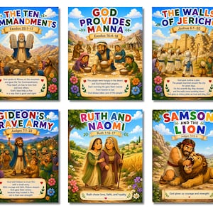 May include: A set of six colorful educational posters depicting biblical stories including The Ten Commandments, God Provides Manna, The Walls of Jericho, Gideon's Brave Army, Ruth and Naomi, and Samson and the Lion, each featuring illustrations and text.