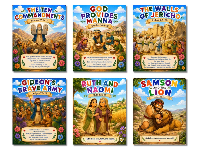 May include: A set of six colorful educational posters depicting biblical stories including The Ten Commandments, God Provides Manna, The Walls of Jericho, Gideon's Brave Army, Ruth and Naomi, and Samson and the Lion, each featuring illustrations and text.