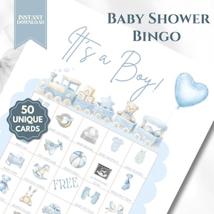 Baby Shower Bingo Boy Game, It’s a Boy Bingo Printable, 50 Unique Prefilled Cards, Blue Baby Shower Games, Instant Download