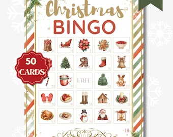 Christmas Bingo Game | 50 Printable Cards | Perfect for Family Gatherings | Fun Christmas Activity | Christmas Party Games | Holiday Fun
