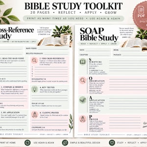Pode incluir: Um kit digital de estudo bíblico com duas páginas imprimíveis intituladas Cross-Reference Study e SOAP Bible Study. Os layouts incluem seções para datas, versículos e guias de reflexão com detalhes em verde e rosa e ilustrações de folhas.