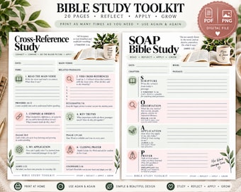May include: A digital Bible study toolkit featuring two printable pages titled Cross-Reference Study and SOAP Bible Study. The layouts include sections for dates, verses, and guided reflection prompts with green and pink accents and leaf illustrations.