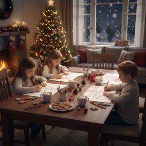 May include: Three children sit at a wooden table, coloring. The table is set with mugs, cookies, and colored pencils. A Christmas tree with lights and a fireplace are in the background. A window shows a snowy night scene.