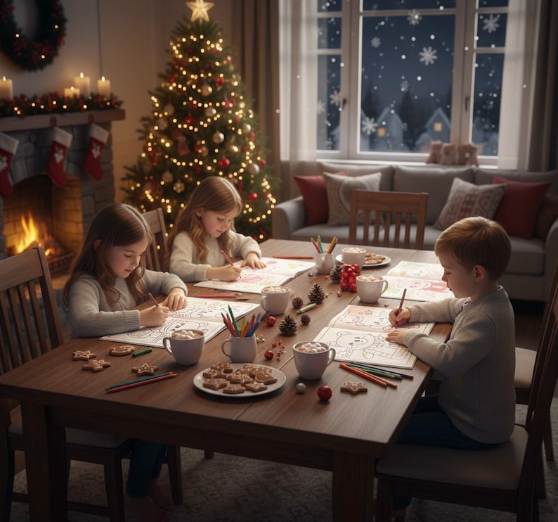 May include: Three children sit at a wooden table, coloring. The table is set with mugs, cookies, and colored pencils. A Christmas tree with lights and a fireplace are in the background. A window shows a snowy night scene.