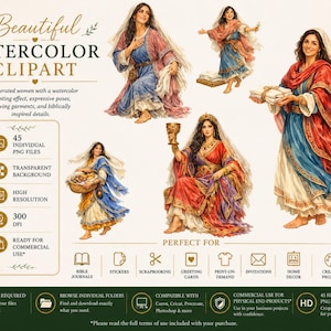 Imágenes prediseñadas de mujeres bíblicas | Paquete de imágenes prediseñadas bíblicas | Gráficos para el estudio bíblico | 45 imágenes PNG de mujeres bíblicas | Imágenes prediseñadas cristianas en acuarela