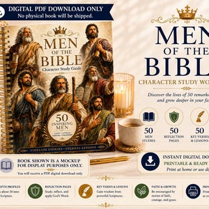 Pode incluir: Um guia de estudo digital com encadernação em espiral intitulado Men of the Bible Character Study Guide com ilustrações de figuras bíblicas. A capa inclui texto sobre 50 homens inspiradores, fé, coragem, sabedoria e liderança. Download PDF.