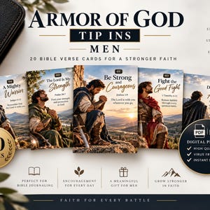 Pode incluir: Um conjunto de 20 cartões de inserção Armor of God com versículos bíblicos e ilustrações de figuras em trajes antigos. Os cartões incluem textos como Be Strong and Courageous, Fight the Good Fight e Do Not Be Afraid como produto digital.