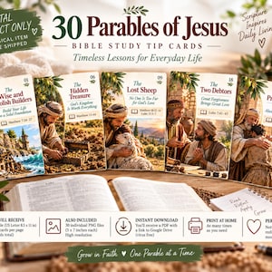 Puede incluir: Un conjunto de 30 tarjetas digitales de estudio bíblico tituladas 30 Parables of Jesus, con ilustraciones de escenas bíblicas como La oveja perdida y El hijo pródigo. Las tarjetas incluyen referencias bíblicas y texto, en formato PDF descargable.