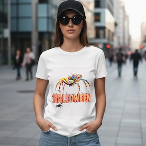 Pode incluir: Camiseta branca com um desenho de aranha colorida e a palavra "HALLOWEEN" em laranja. Uma pequena aranha preta está abaixo do texto. A pessoa usa um boné preto e óculos de sol.