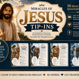 May include: A set of 30 Miracles of Jesus tip-ins featuring cards with Bible stories, key lessons, reflections, and prayers. The display includes an illustration of Jesus, gold-toned text, and four sample cards titled Jesus Heals Two Blind Men, Heals a Boy with an Evil Spirit, Feeds the Five Thousand, and Walks on Water.