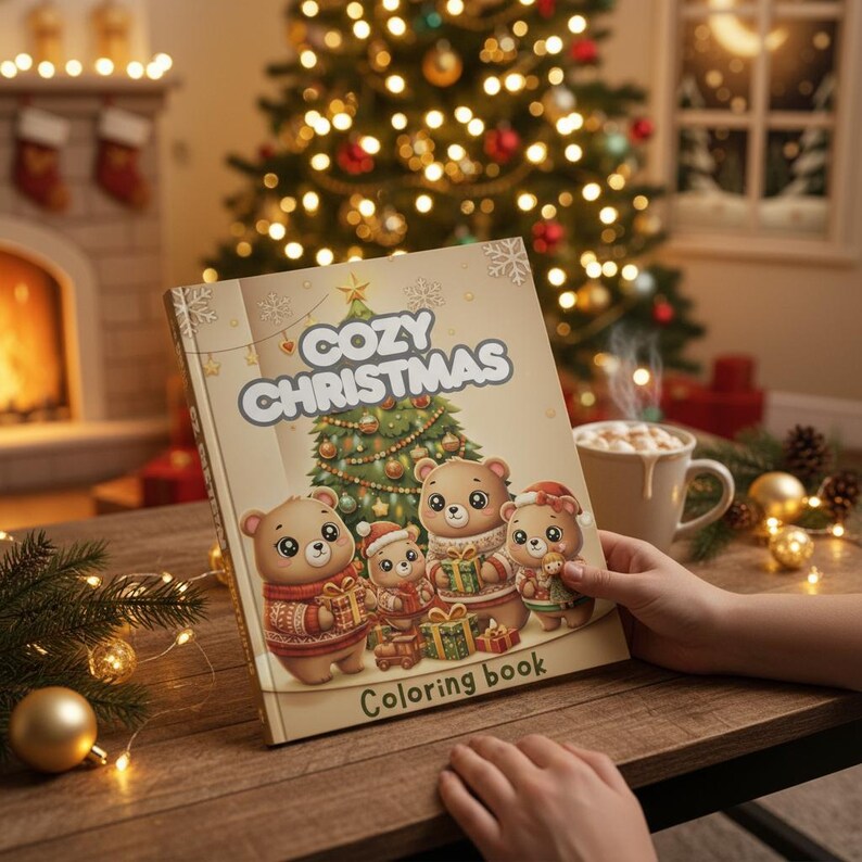 May include: A "Cozy Christmas" coloring book featuring cartoon bears with gifts and a Christmas tree. The book is held on a wooden table, with a Christmas tree and a mug of hot beverage in the background.