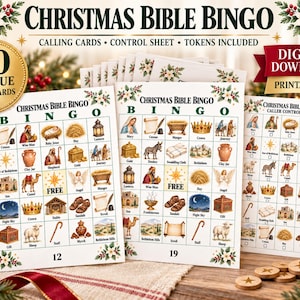 Könnte beinhalten: Ein Weihnachts-Bibel-Bingo-Spielset mit 30 einzigartigen Bingokarten, Ziehkarten und einem Kontrollblatt. Das druckbare PDF enthält Rasterkarten mit Illustrationen biblischer Figuren und Gegenstände, die jeweils mit Texten wie Maria, Krippe und Stern beschriftet sind.