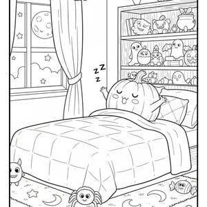 May include: Black and white illustration of a Halloween-themed bedroom. A smiling pumpkin character is in bed, with a bookshelf filled with Halloween decorations. The room includes a window with a moon and stars, and a patterned rug with Halloween motifs.