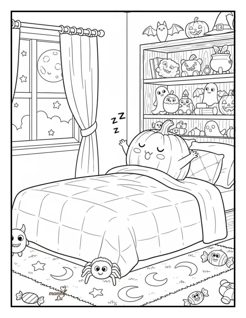 May include: Black and white illustration of a Halloween-themed bedroom. A smiling pumpkin character is in bed, with a bookshelf filled with Halloween decorations. The room includes a window with a moon and stars, and a patterned rug with Halloween motifs.