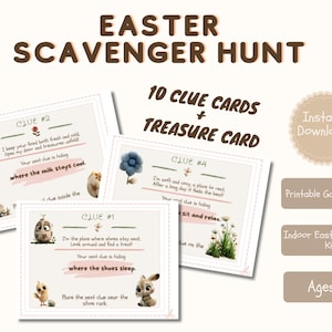 Pode incluir: Um jogo de Caça aos Ovos de Páscoa com 10 cartões de pistas e um cartão do tesouro. Os cartões apresentam ilustrações de animais e flores, com pistas escritas neles. As palavras "Easter Scavenger Hunt" e "Instant Download" também são visíveis.