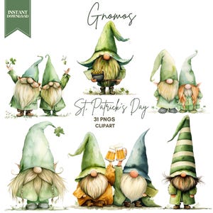 Könnte beinhalten: Aquarellillustrationen von St. Patrick's Day-Wichteln in verschiedenen Posen. Die Wichtel tragen grüne Hüte und Outfits, einige halten Kleeblätter oder Goldtöpfe. Der Text "Gnomos" und "St. Patrick's Day 31 PNGS Clipart" ist enthalten.