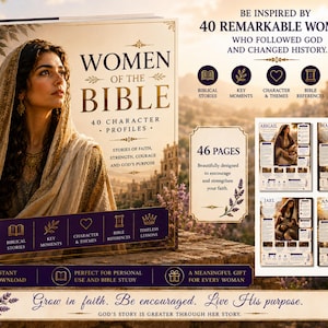 Könnte beinhalten: Ein Buch mit dem Titel Women of the Bible 40 Character Profiles, das auf dem Einband das Porträt einer Person mit Kopftuch zeigt. Das Buch umfasst 46 Seiten und enthält Abschnitte zu biblischen Geschichten sowie zu Charakterthemen.
