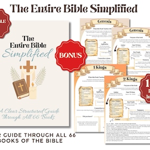 Può includere: Una guida PDF stampabile intitolata The Entire Bible Simplified, con una copertina che mostra un'illustrazione di una croce, una Bibbia e una candela. Include 137 pagine di riassunti strutturati per tutti i 66 libri della Bibbia, con pagine bonus su Genesi, 1 Re e 2 Re.