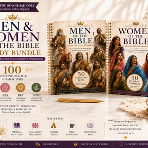 May include: A digital study bundle featuring two spiral-bound workbooks titled Men of the Bible and Women of the Bible. The cover art displays illustrations of biblical figures, gold crowns, and text detailing 100 inspiring characters and study guides.