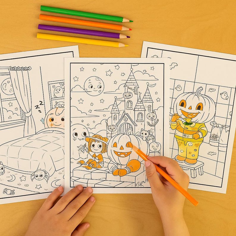 May include: A collection of Halloween-themed coloring pages with illustrations of pumpkins, ghosts, and a haunted castle. Colored pencils in green, orange, purple, and yellow are arranged at the top. A hand is coloring an orange pumpkin on one of the pages.