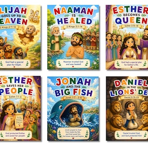 May include: A set of six illustrated children's books featuring biblical stories: Elijah Goes Up to Heaven, Naaman is Healed, Esther Becomes Queen, Esther Saves Her People, Jonah and the Big Fish, and Daniel in the Lions' Den, each with colorful artwork.