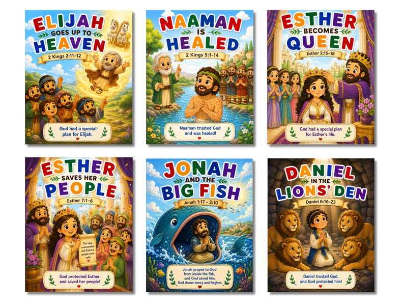 May include: A set of six illustrated children's books featuring biblical stories: Elijah Goes Up to Heaven, Naaman is Healed, Esther Becomes Queen, Esther Saves Her People, Jonah and the Big Fish, and Daniel in the Lions' Den, each with colorful artwork.