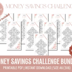 May include: A bundle of ten printable money savings challenge templates. Each template features a diamond-shaped design with amounts to save, ranging from $700 to $5,000. The design includes floral accents and the text "Money Savings Challenge".