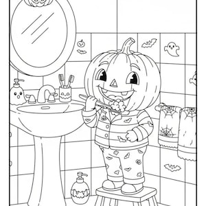 May include: Black and white Halloween-themed coloring page featuring a pumpkin character brushing its teeth in a bathroom. The pumpkin is wearing pajamas and standing on a stool. The bathroom has a sink, mirror, and Halloween decorations.