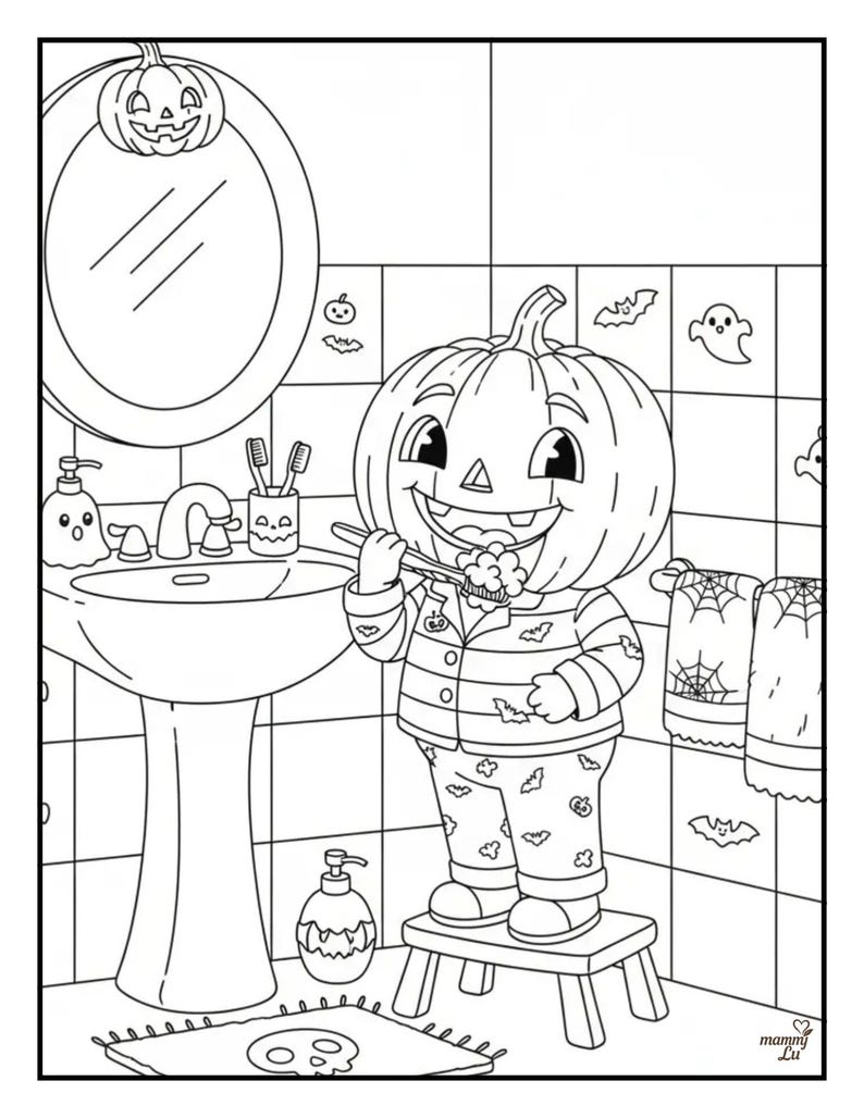 May include: Black and white Halloween-themed coloring page featuring a pumpkin character brushing its teeth in a bathroom. The pumpkin is wearing pajamas and standing on a stool. The bathroom has a sink, mirror, and Halloween decorations.
