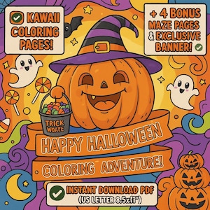 Pode incluir: Uma capa de livro de colorir digital com tema de Halloween com uma abóbora laranja sorridente usando um chapéu de bruxa. A imagem inclui o texto "Happy Halloween Coloring Adventure!" e "Kawaii Coloring Pages!"