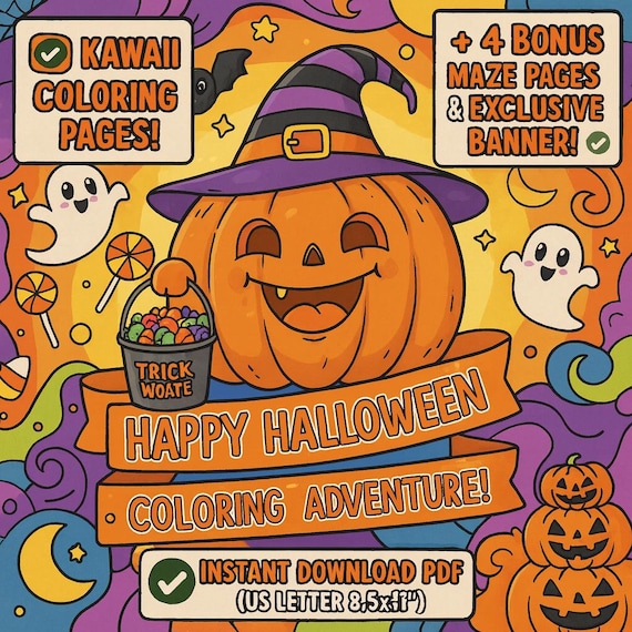 Kawaii Halloween Coloring Pages for Kids – Cute Pumpkin & Ghost Printable Activity Sheets | Fun Coloring Book PDF Instant Download