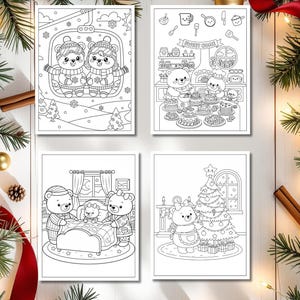 May include: Four black and white Christmas-themed coloring pages featuring cartoon bears. Scenes include bears on a ski lift, baking in a kitchen, tucking a bear into bed, and decorating a Christmas tree. The pages are surrounded by Christmas decorations.