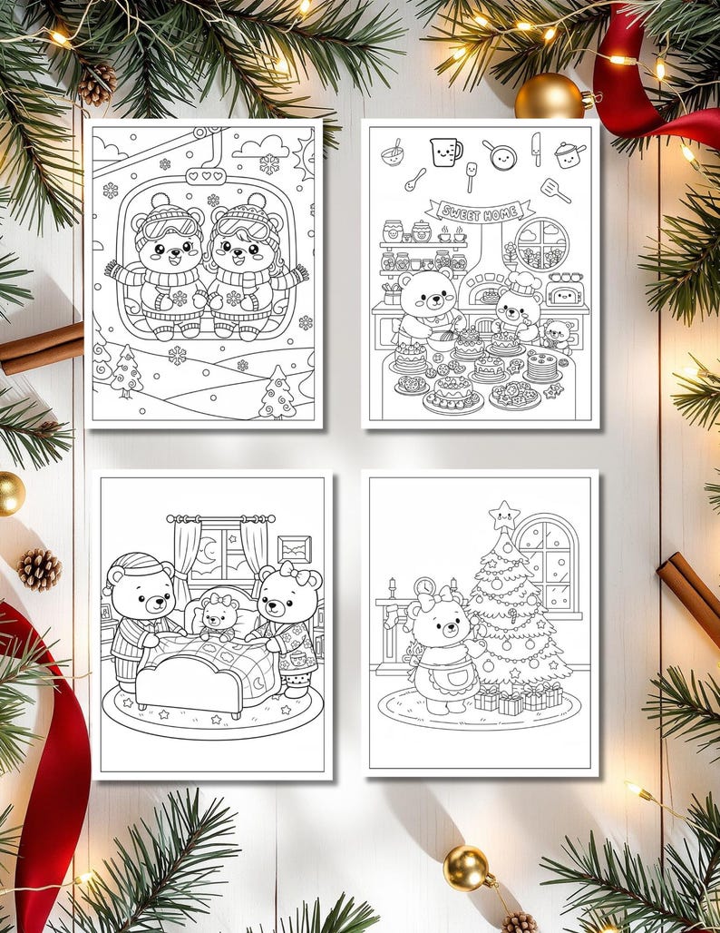 May include: Four black and white Christmas-themed coloring pages featuring cartoon bears. Scenes include bears on a ski lift, baking in a kitchen, tucking a bear into bed, and decorating a Christmas tree. The pages are surrounded by Christmas decorations.