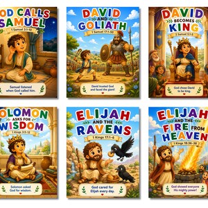 May include: A set of six illustrated posters depicting biblical stories: God Calls Samuel, David and Goliath, David Becomes King, Solomon Asks for Wisdom, Elijah and the Ravens, and Elijah and the Fire from Heaven, each featuring colorful characters and text.