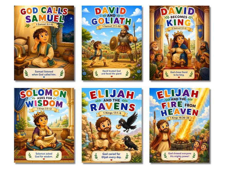 May include: A set of six illustrated posters depicting biblical stories: God Calls Samuel, David and Goliath, David Becomes King, Solomon Asks for Wisdom, Elijah and the Ravens, and Elijah and the Fire from Heaven, each featuring colorful characters and text.