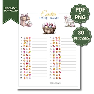 Pode incluir: Um jogo de Emoji de Páscoa imprimível com fundo branco. O jogo apresenta uma cesta de ovos decorados, uma caixa de presente e uma placa que diz "Happy Easter". O jogo inclui 30 frases para adivinhar e está disponível em PDF e PNG.
