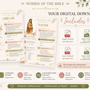Pode incluir: Dois cartazes digitais intitulados Women of the Bible apresentando Abigail e Naomi com retratos, detalhes biográficos e versículos-chave. Inclui arquivos PDF e PNG de 16 por 20 polegadas, alta resolução 5000 por 6250 pixels, prontos para imprimir.