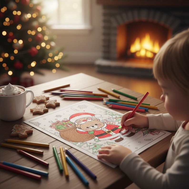 May include: A child coloring a Christmas-themed picture of Santa Claus with a teddy bear. The scene includes colored pencils, gingerbread cookies, and a mug of hot chocolate. A Christmas tree and fireplace are in the background.