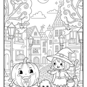 May include: Black and white Halloween-themed illustration of a town scene with a witch, pumpkin, and spider. The witch wears a hat and cape, holding a cauldron and broom. A smiling pumpkin and spider are on the cobblestone street.