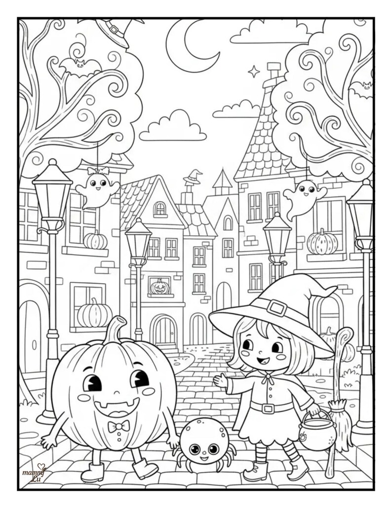 May include: Black and white Halloween-themed illustration of a town scene with a witch, pumpkin, and spider. The witch wears a hat and cape, holding a cauldron and broom. A smiling pumpkin and spider are on the cobblestone street.