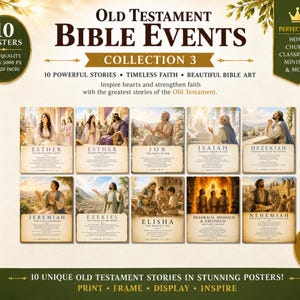Pode incluir: Uma coleção digital de 10 cartazes de eventos bíblicos do Antigo Testamento com ilustrações de Ester, Jó, Isaías, Ezequias, Jeremias, Ezequiel, Eliseu, Sadraque, Mesaque, Abednego e Neemias com texto num fundo de cor creme.