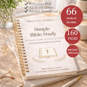 Peut inclure: Un journal d'étude biblique à spirales intitulé "Simple Bible Study". La couverture présente le texte "A Gentle Guide to Grow in Faith" et une illustration d'un livre ouvert avec une croix. Comprend 160 pages et couvre 66 livres de la Bible.