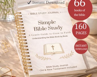 May include: A spiral-bound Bible study journal with the title "Simple Bible Study." The cover features the text "A Gentle Guide to Grow in Faith" and an illustration of an open book with a cross. Includes 160 pages and covers 66 books of the Bible.